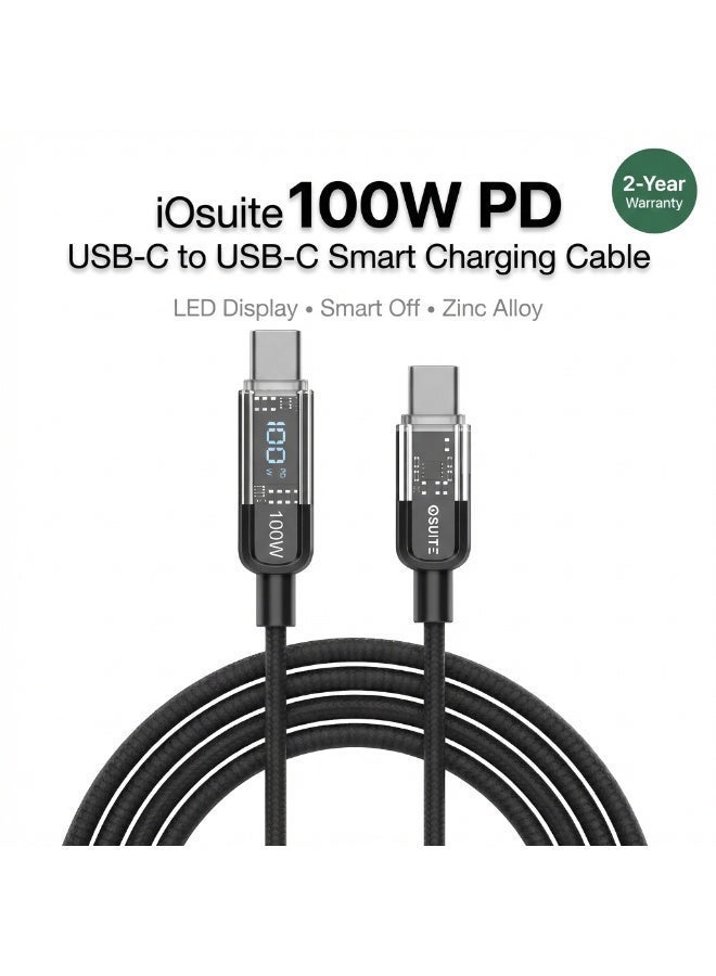 اى او سويت كابل iOsuite USB-C إلى USB-C شحن سريع 100 واط مع شاشة LED وميزة الإيقاف الذكي، نايلون مضفر ورأس من سبيكة الزنك بطول 1.2 متر – متوافق مع آيفون 17/16/15 وآيباد وماك بوك برو/آير وسامسونج جالاكسي وOnePlus وOppo وXiaomi وجميع أجهزة USB-C – أسود (DC57A) - Image 1
